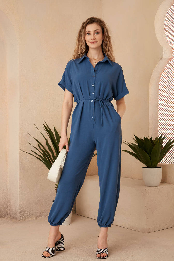 Andie Blue Comfy Belted Shirt Style Jumpsuit
