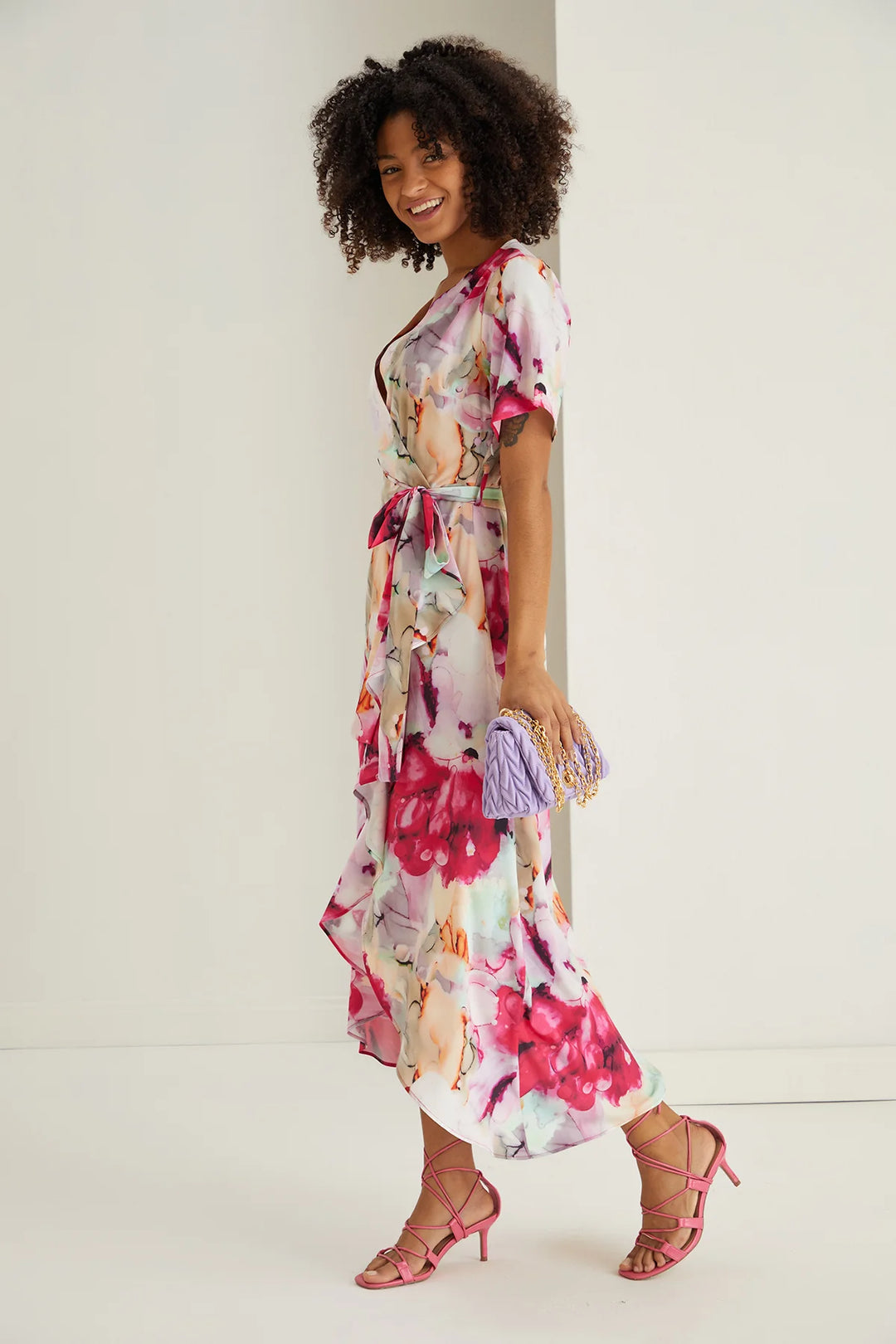 Flirtatious Fuchsia Pink Floral Short Sleeve Belted Midi/Maxi Wrap Dress