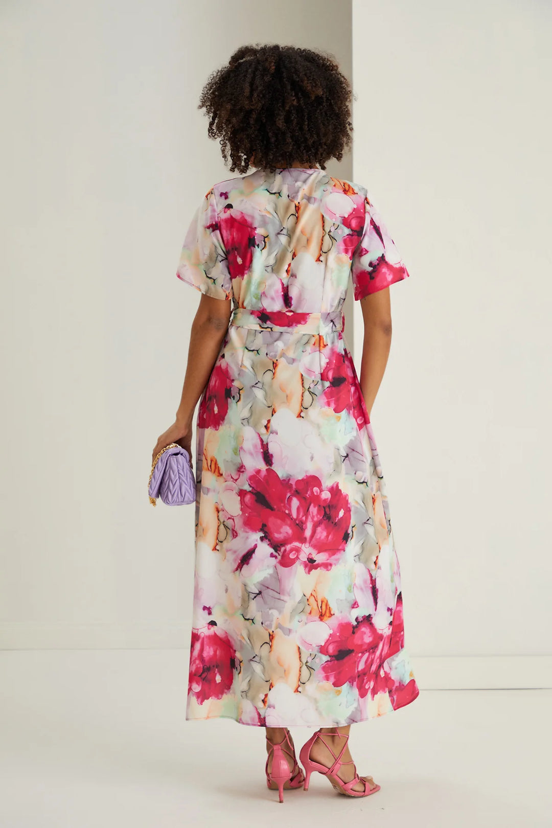 Flirtatious Fuchsia Pink Floral Short Sleeve Belted Midi Maxi Wrap Dress
