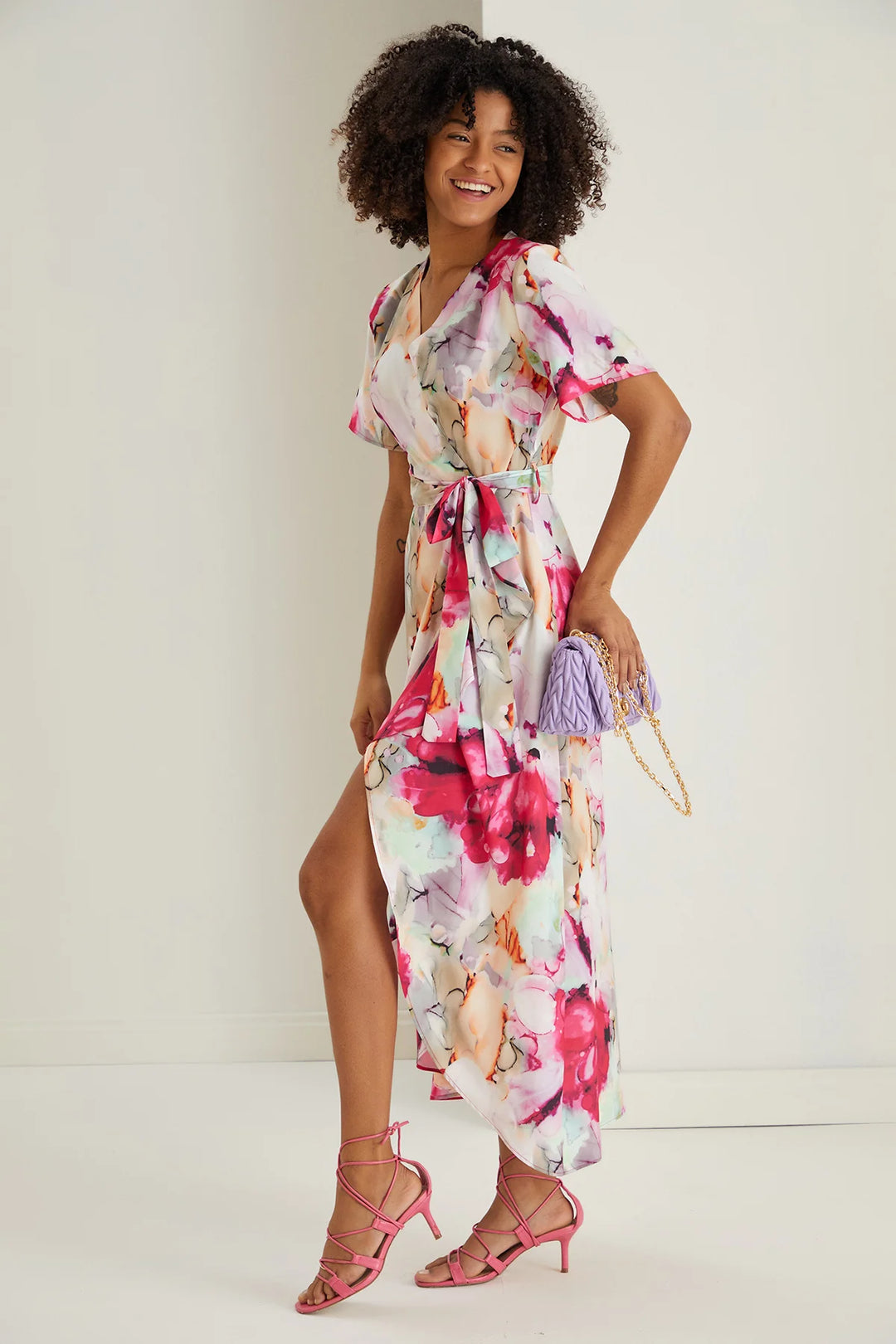 Flirtatious Fuchsia Pink Short Sleeve Belted Floral Midi Maxi Wrap