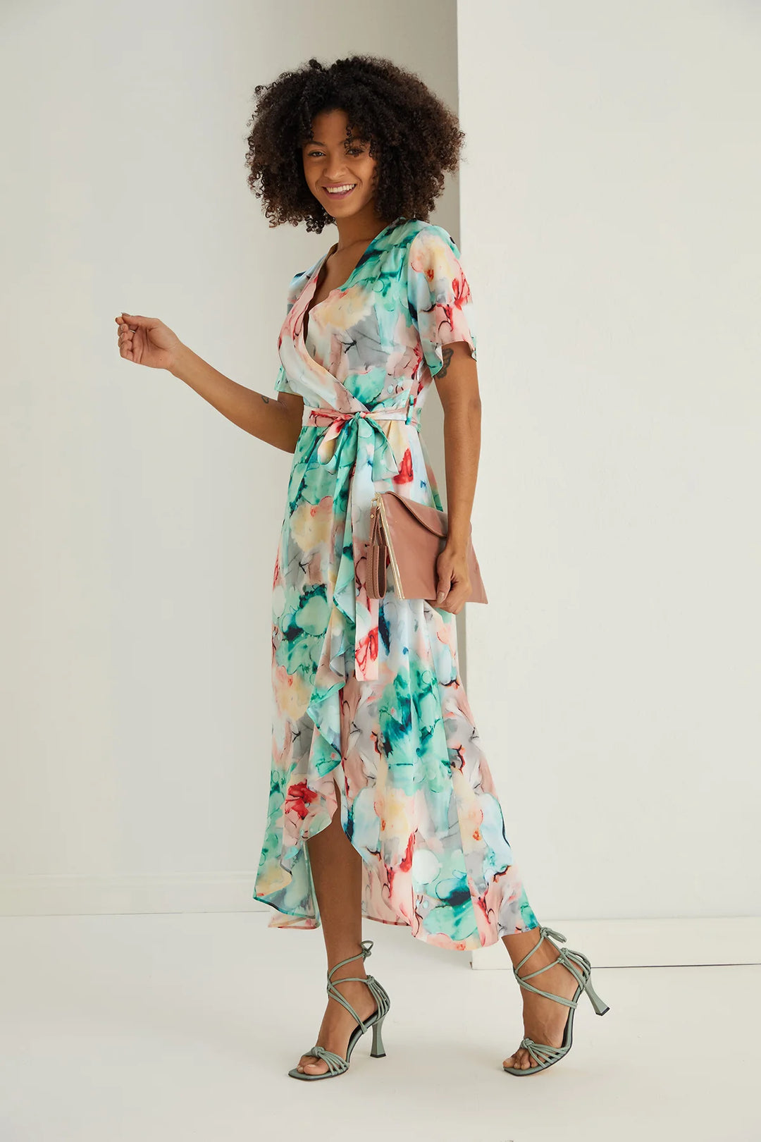 Flirtatious Green Floral Short Sleeve Belted Midi Maxi Wrap Dress