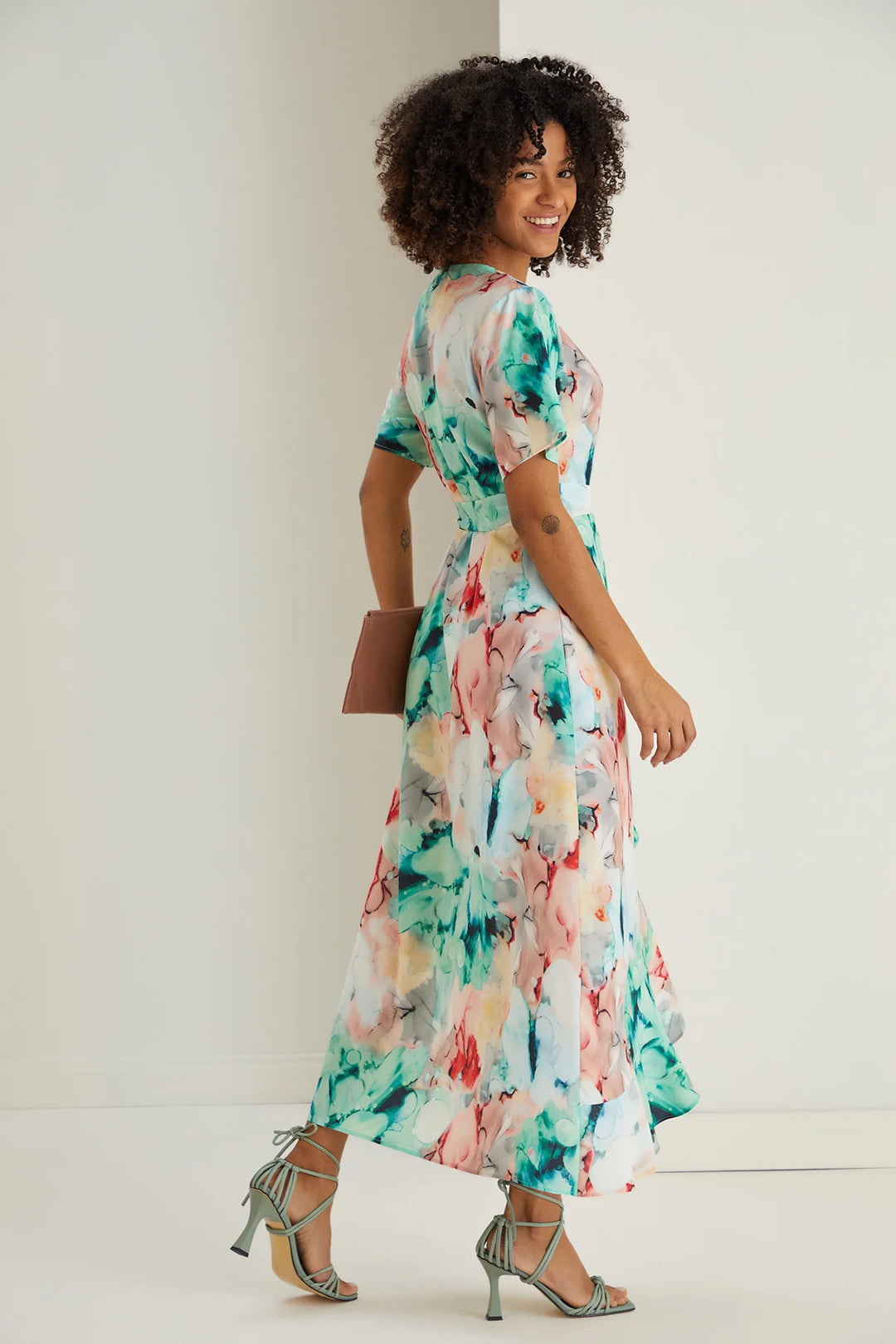 Flirtatious Green Floral Short Sleeve Belted Midi/Maxi Wrap Dress