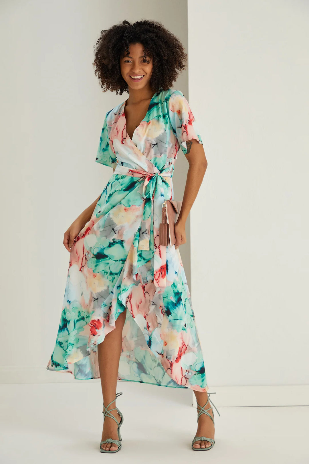 Flirtatious Green Floral Short Sleeve Belted Midi Maxi Wrap Dress