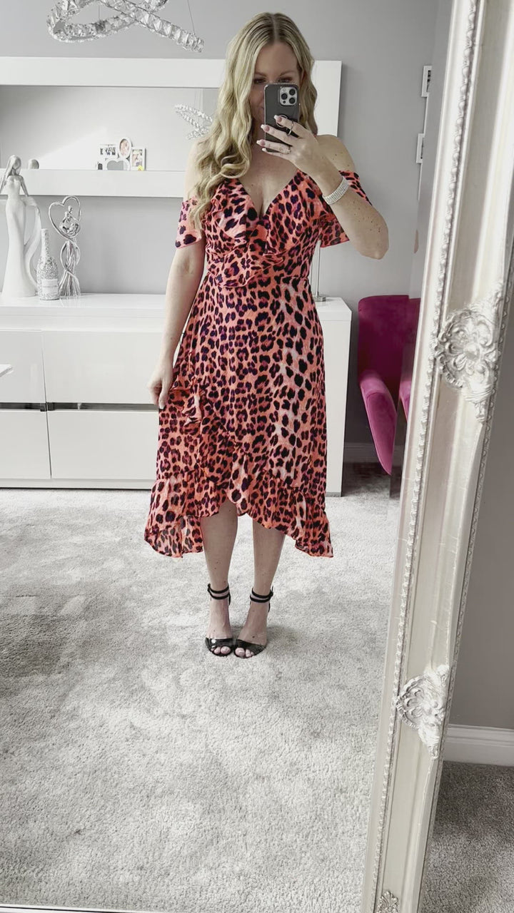 Wild Side Neon Fuchsia Leopard Print Cold Shoulder Wrap Midi Dress