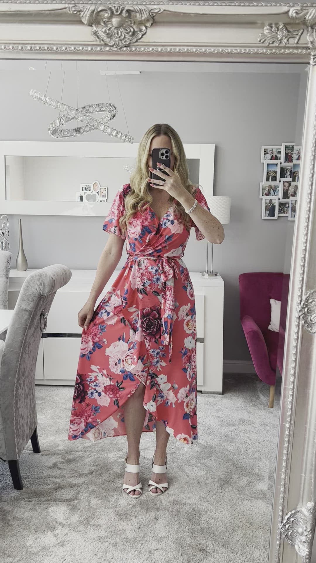 Flirtatious Short Sleeve Belted Coral Pink Floral Midi/Maxi Wrap Dress