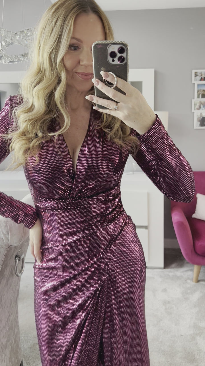A Touch Of Class Burgundy Pink Sequin Long Sleeve Bodycon Wrap Midi/Maxi Dress