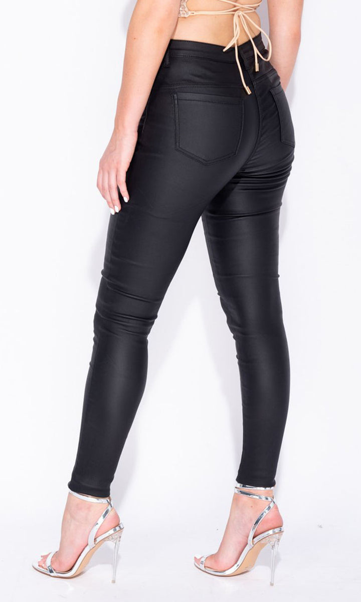 Ace Of Spades Black Coated Zip Detail Mid Waisted Skinny Jeans