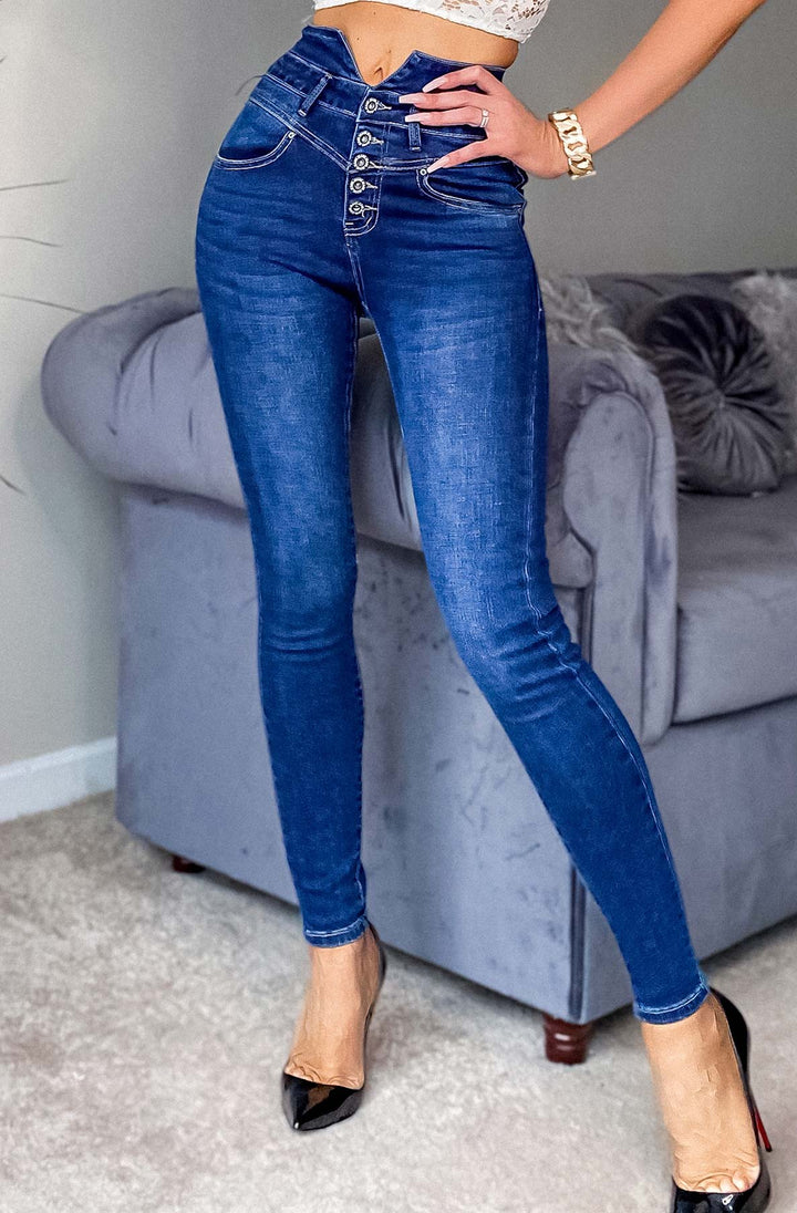 Katie Stretchy High Waist Button Up Indigo Skinny Jeans (DARKER THAN PHOTO)
