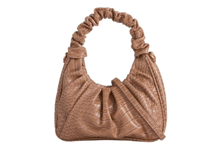 Mocha Crocodile Faux Leather Scrunch Handle Bag
