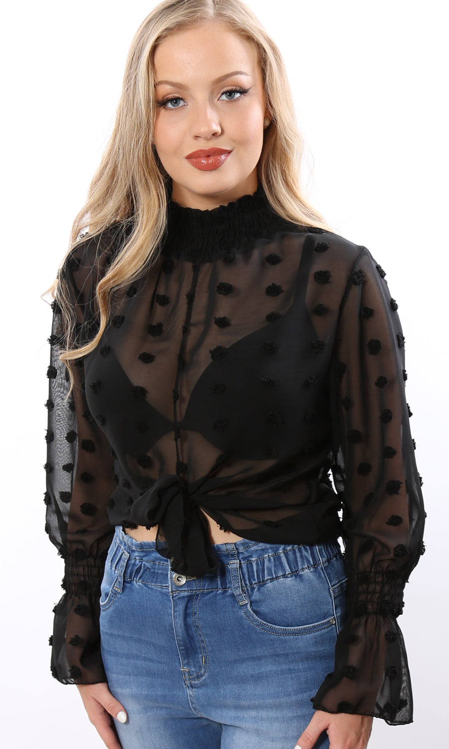 Daisy Black Reversible Sheer Blouse with Tie Detail