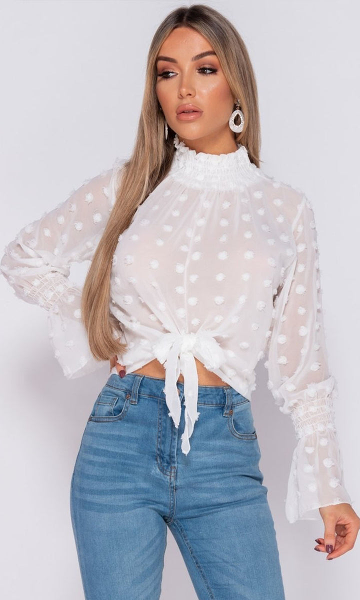 Daisy White Reversible Sheer Blouse with Tie Detail