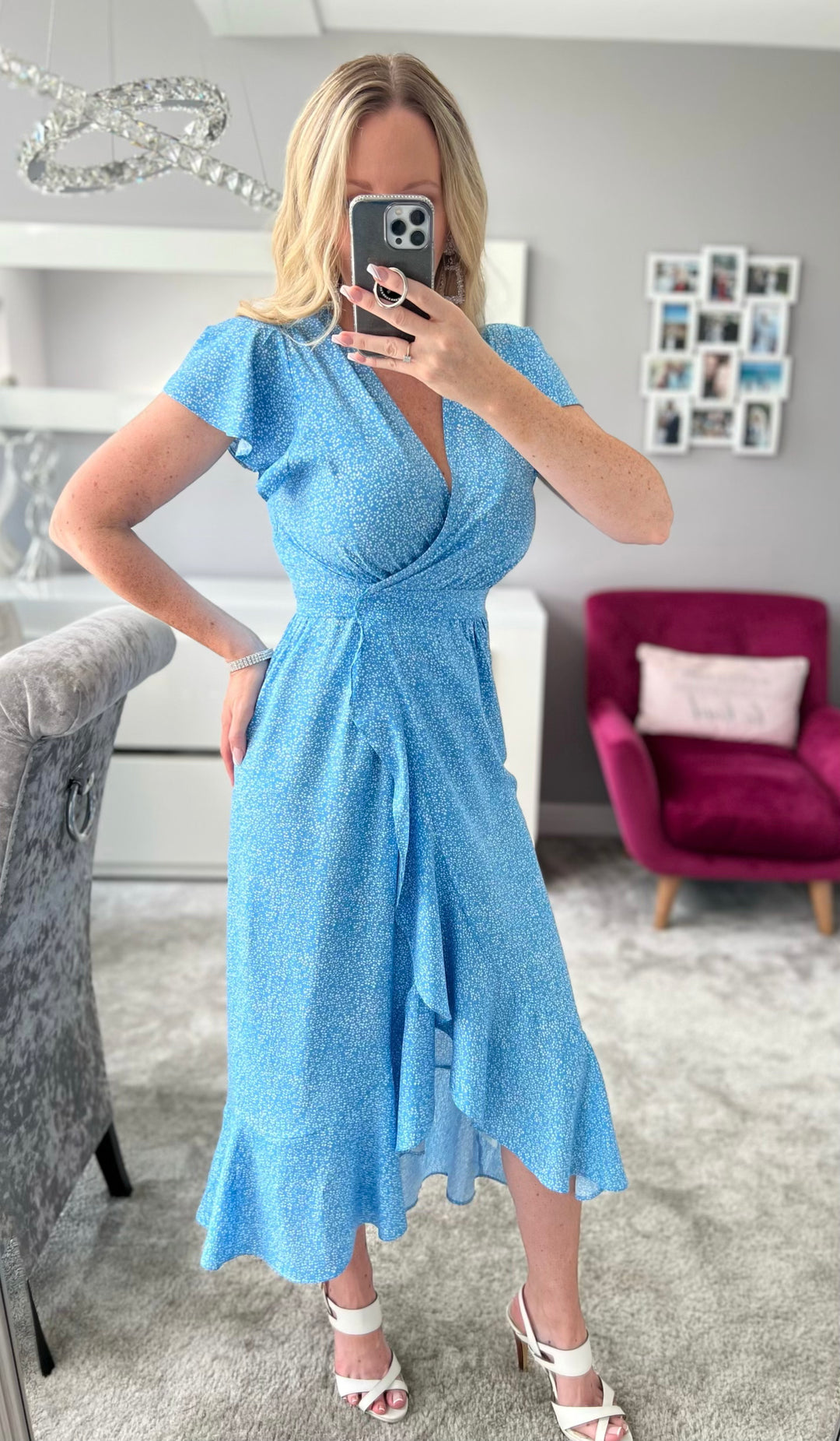 Light blue wrap around dress clearance
