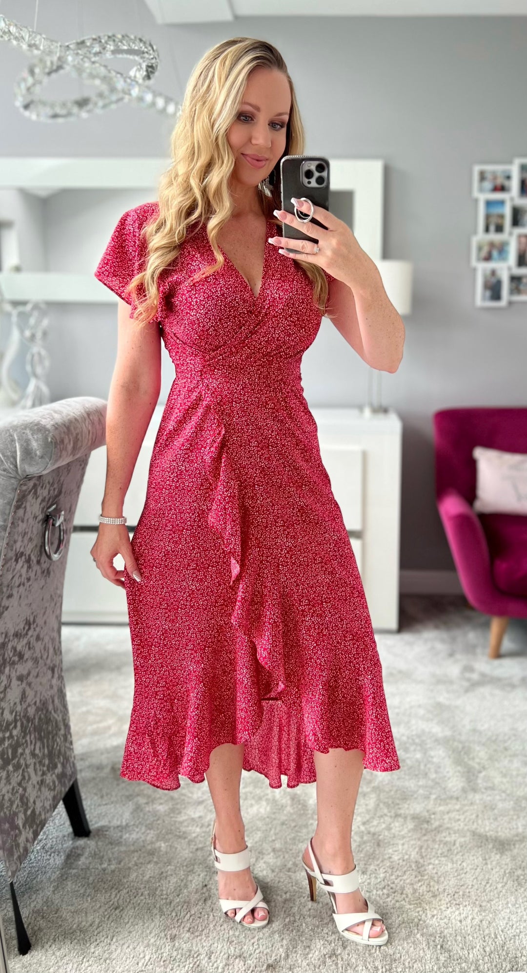 Red ditsy wrap hot sale dress