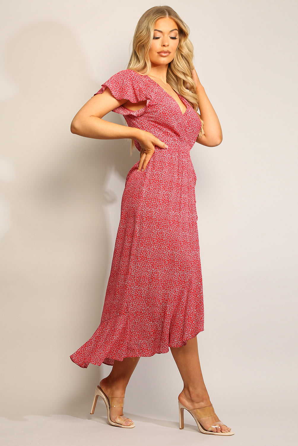 Dolce Vita Red Ditsy Print Short Sleeve Wrap Midi Dress