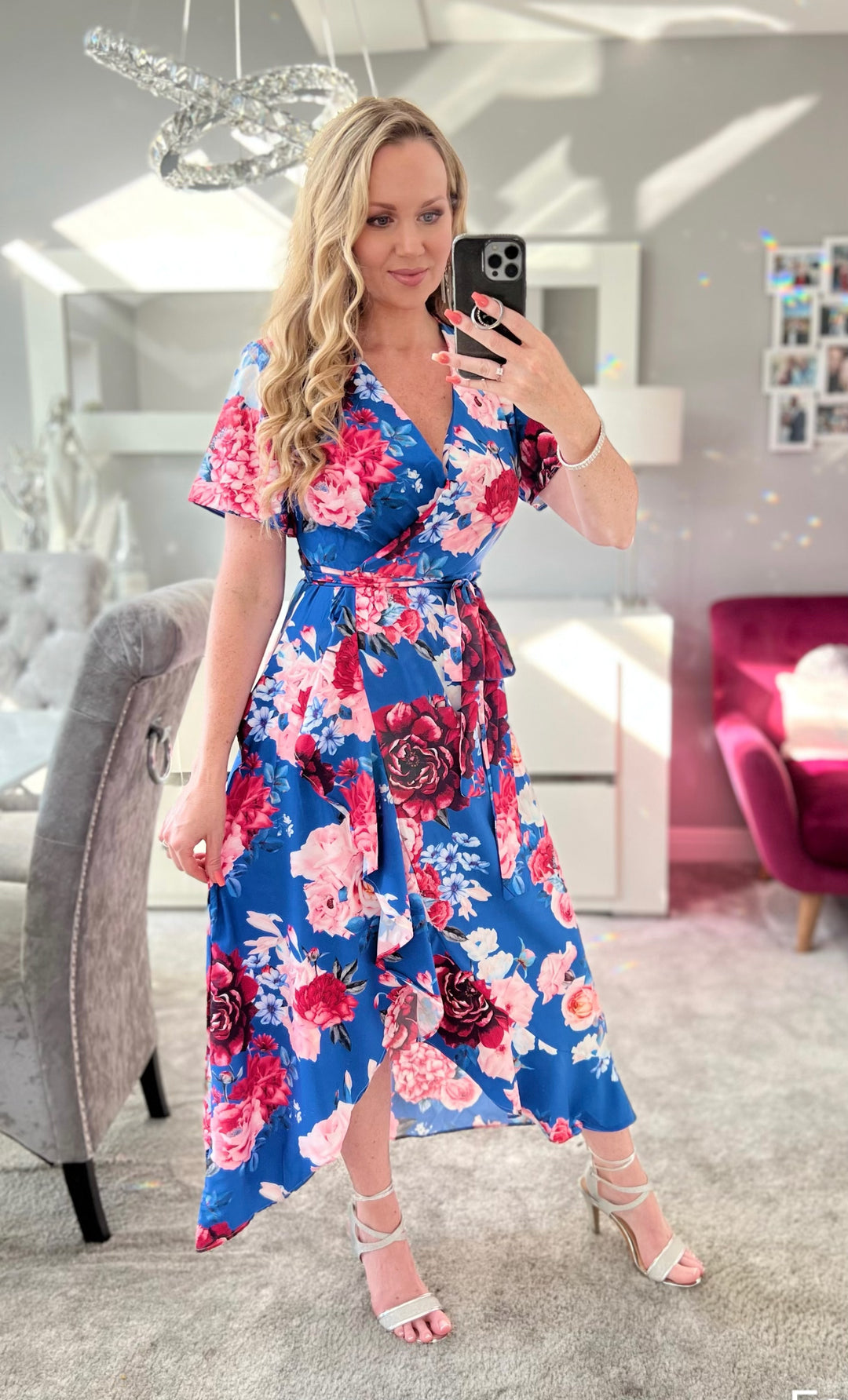 Flirtatious Short Sleeve Belted Cobalt Blue Floral Midi/Maxi Wrap Dress