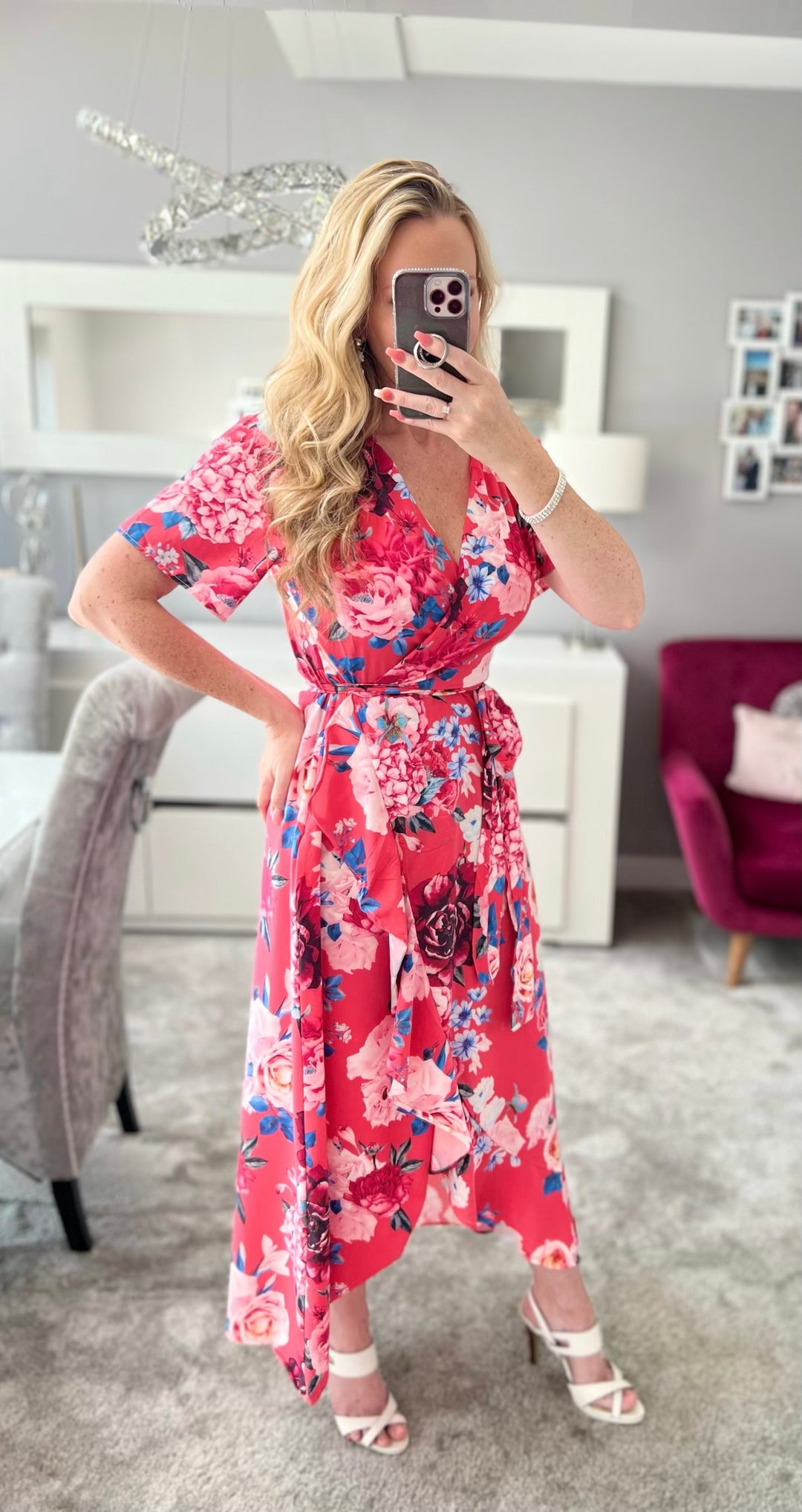 Flirtatious Short Sleeve Belted Coral Pink Floral Midi Maxi Wrap
