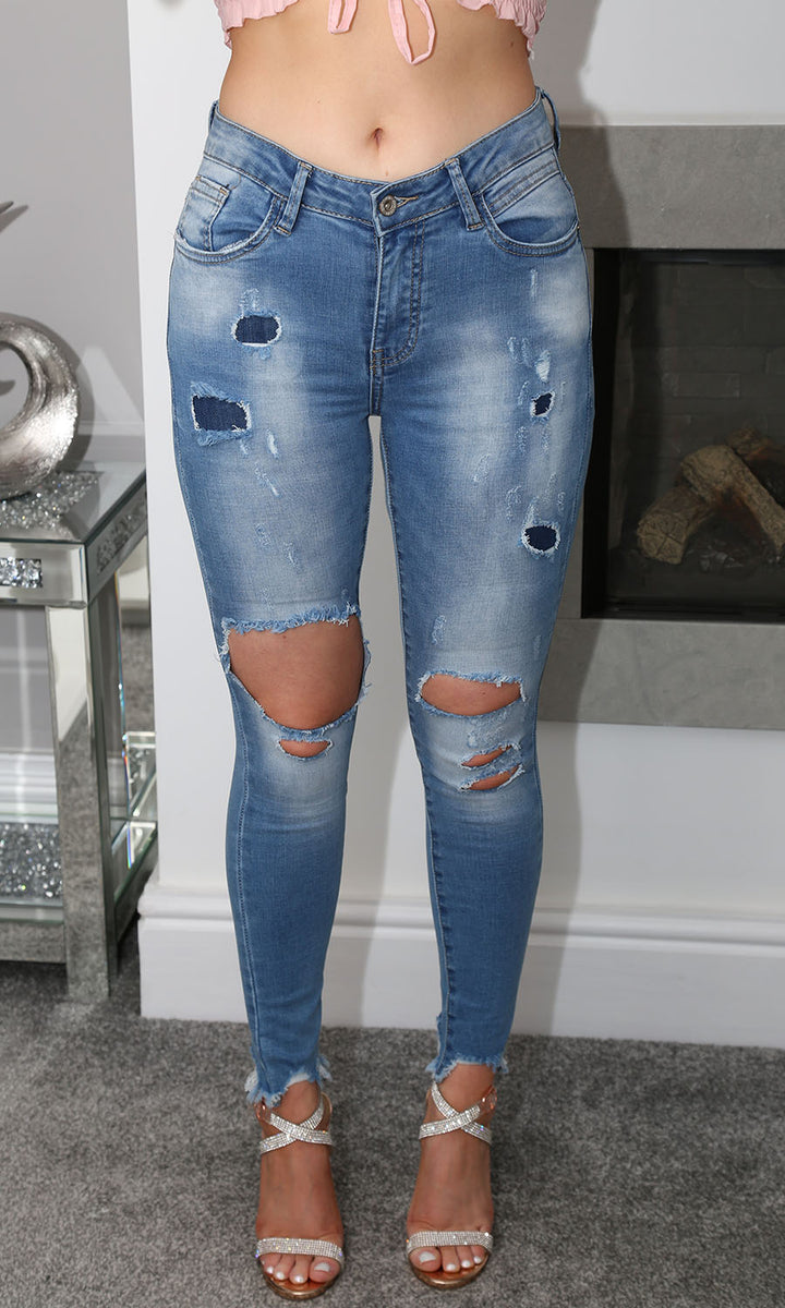 Holly Mid Blue Ripped Denim Mid Waist Skinny Jeans
