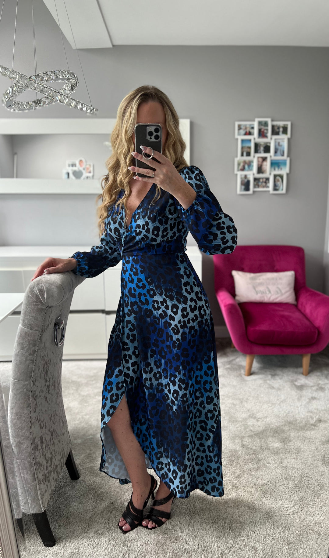 Draped In Luxury Blue Leopard Print Belted Wrap Maxi Dress