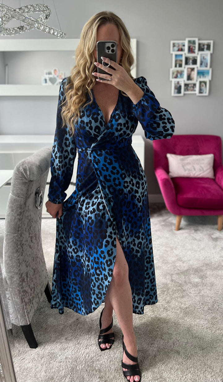 Draped In Luxury Blue Leopard Print Belted Wrap Maxi Dress