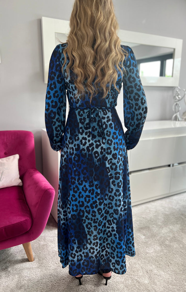 Draped In Luxury Blue Leopard Print Belted Wrap Maxi Dress