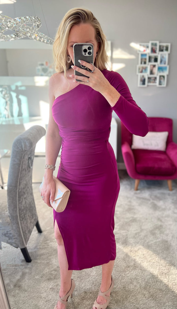 Rodeo Drive Fuchsia Pink One Shoulder Bodycon Ruched Midi Dress