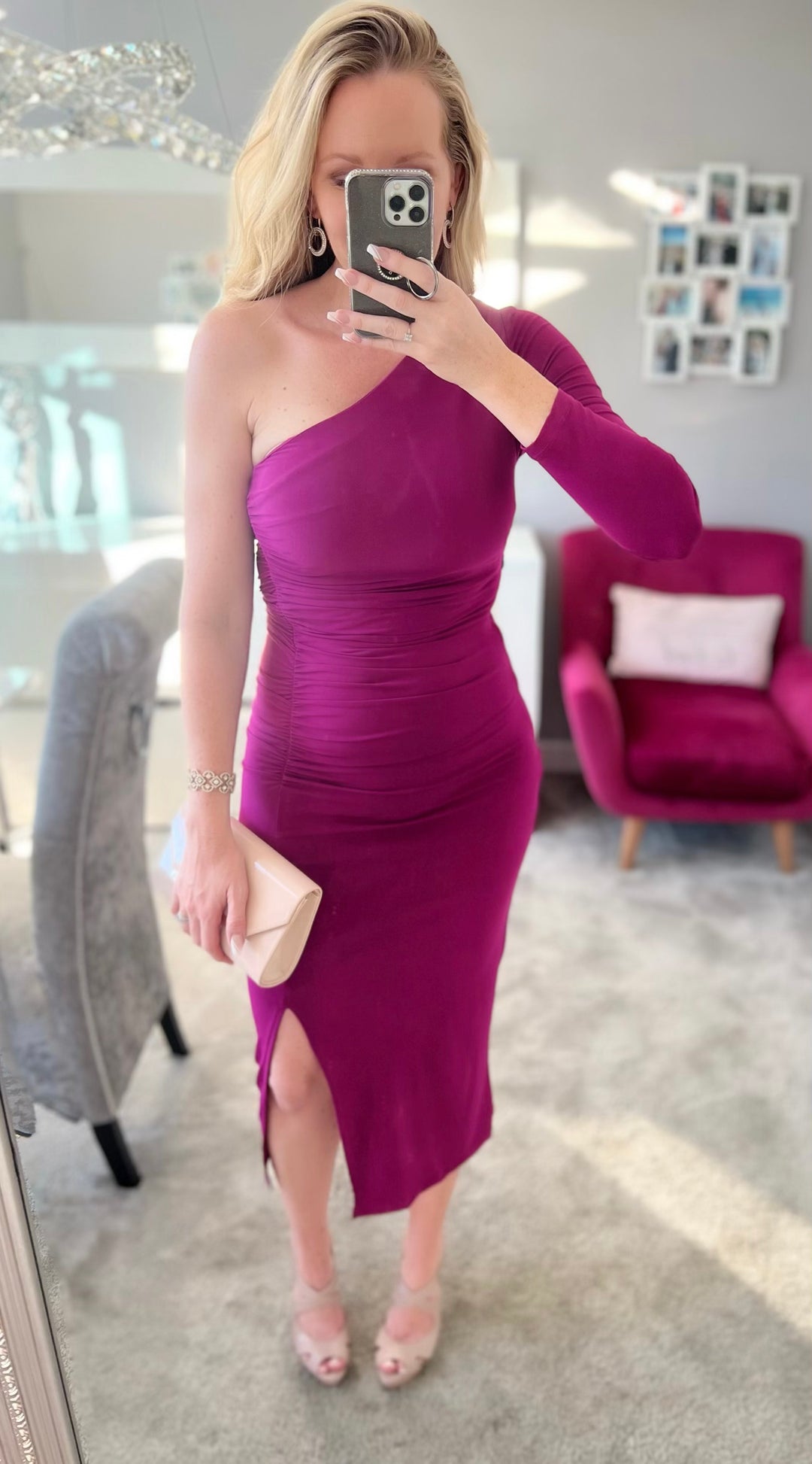 Rodeo Drive Fuchsia Pink One Shoulder Bodycon Ruched Midi Dress
