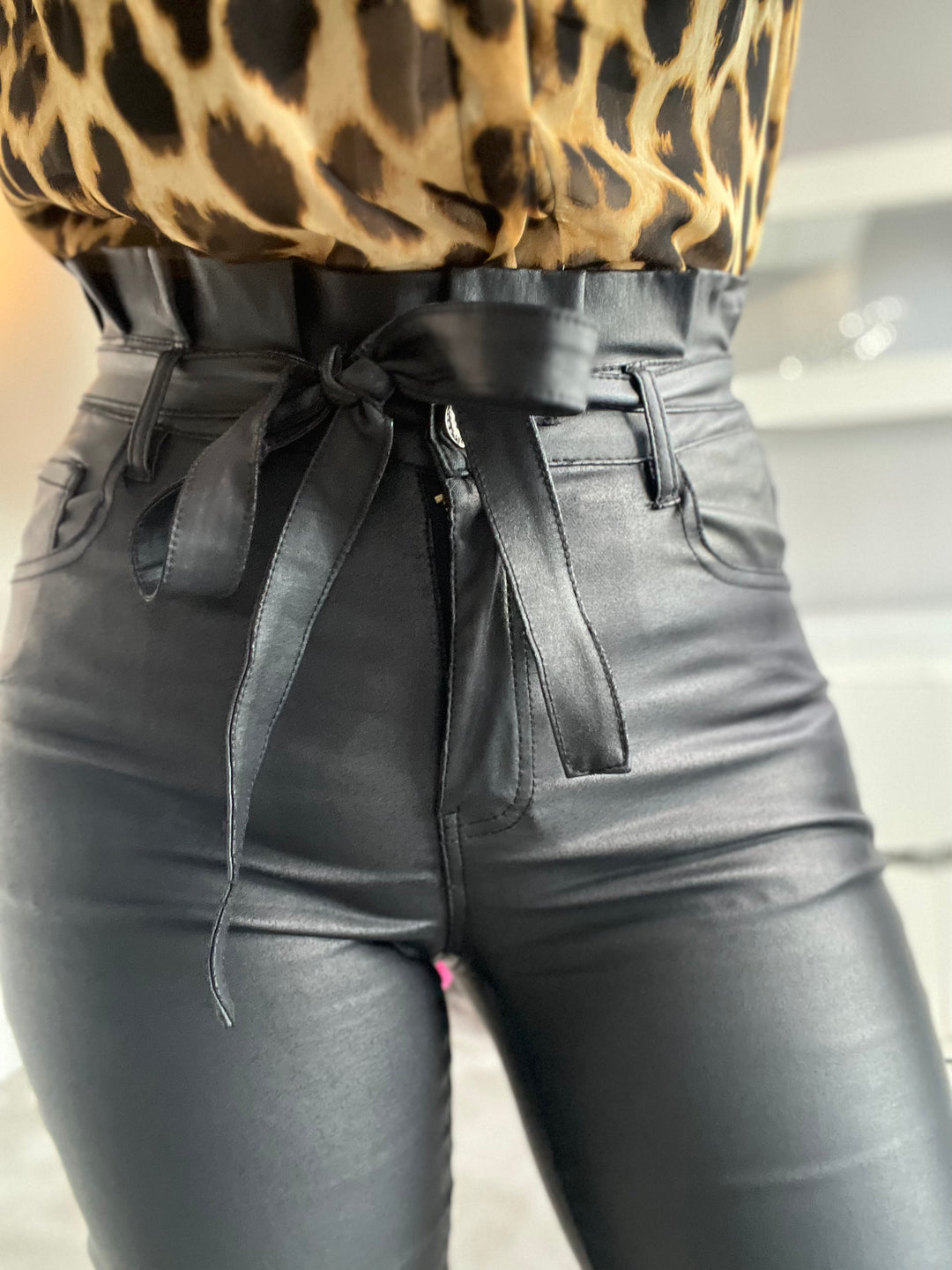 Sleek & Sexy Black High Waist Stretch Faux Leather Paperbag Belted Skinny Trousers
