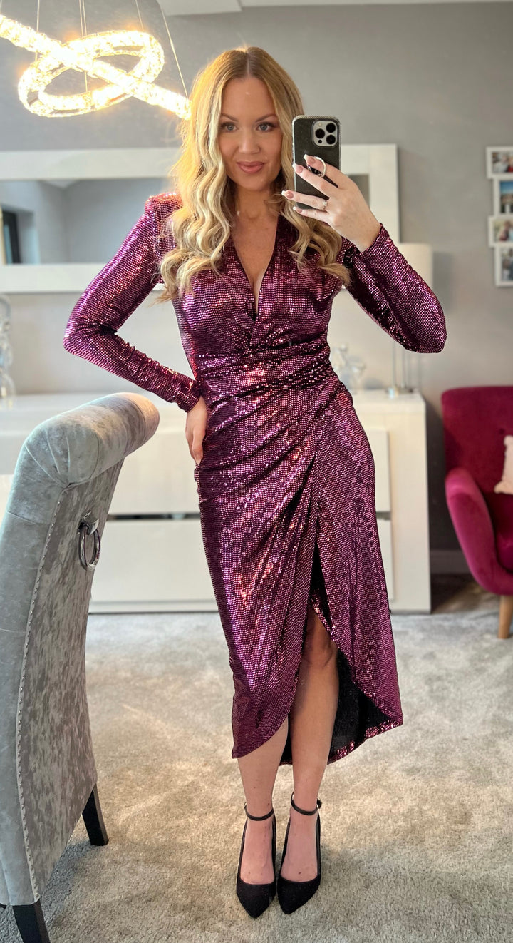 A Touch Of Class Burgundy Pink Sequin Long Sleeve Bodycon Wrap Midi/Maxi Dress