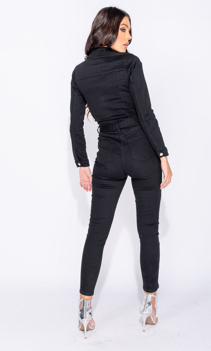 Jenna Black Stretchy Denim Jumpsuit with Tie Belt