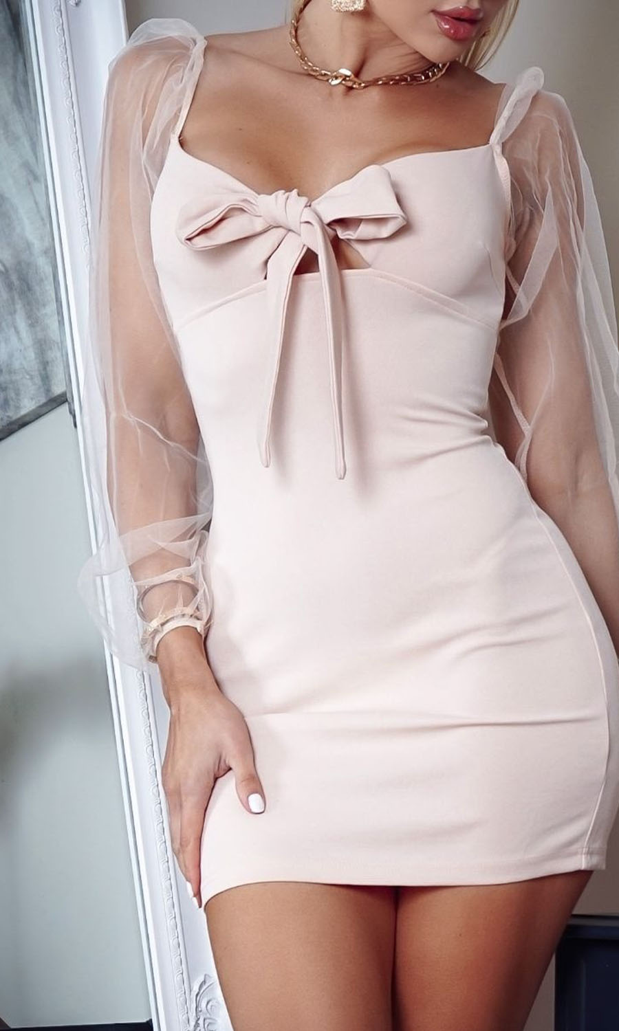 Jar of Hearts Nude Tie Up Detail Long Sleeve Bodycon Mini Dress