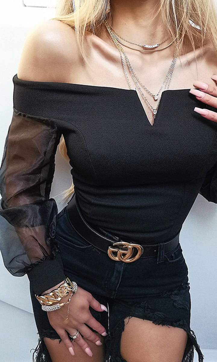Jasmine Black Structured V-bar Bardot Bodysuit with Organza Sleeves