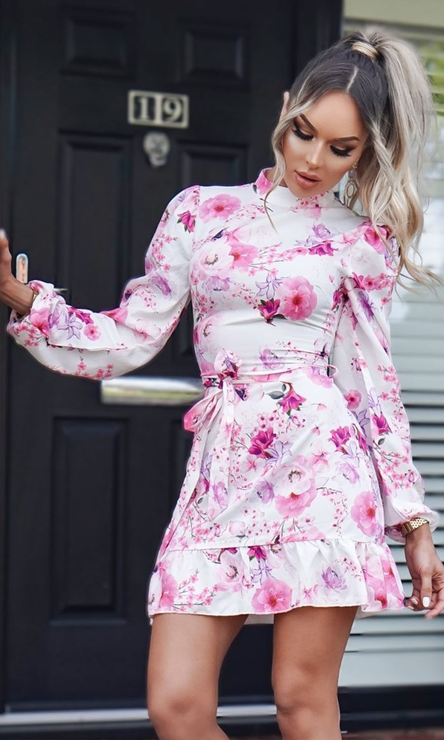 Kylie White & Pink Floral Frill Hem Mini Dress