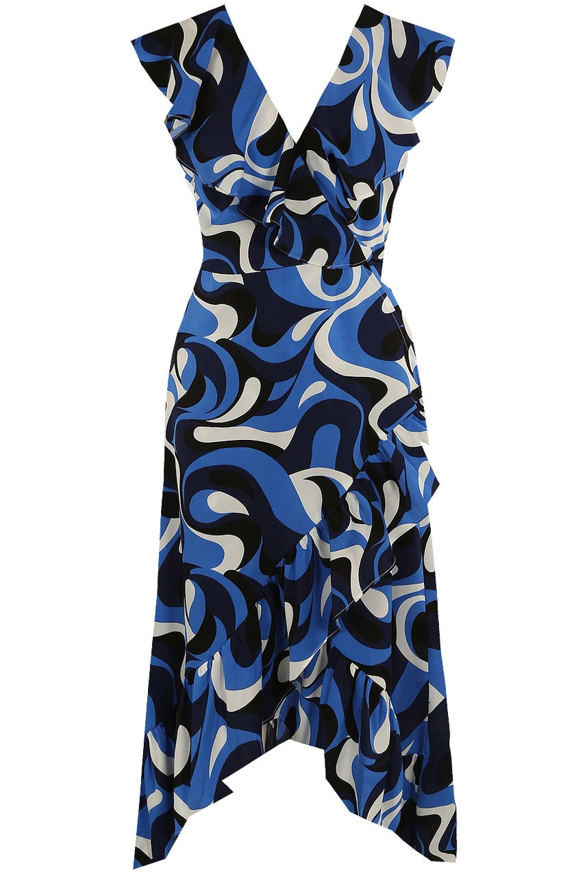 Obsession Cobalt Blue Retro Swirl Print Wrap Dip Hem Midi Dress