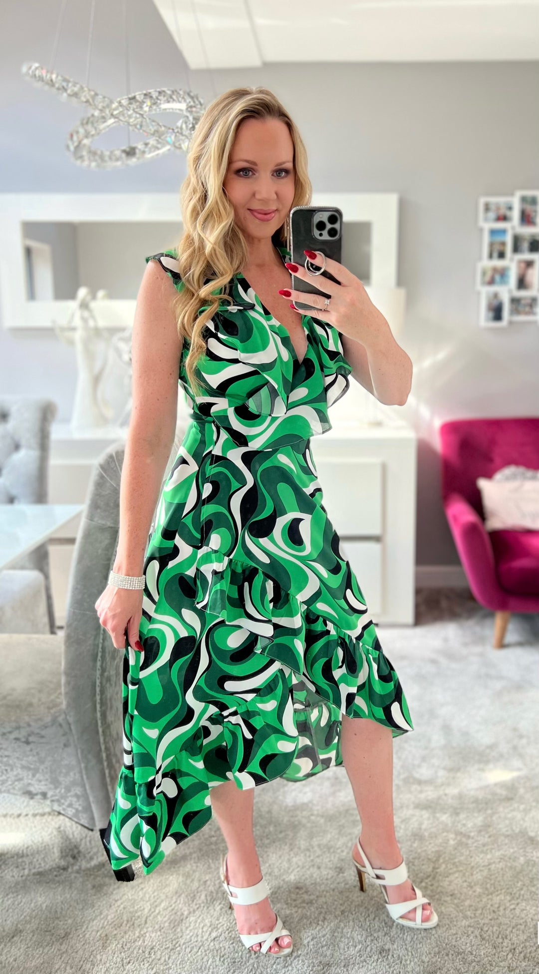 Obsession Green Retro Swirl Print Wrap Dip Hem Midi Dress