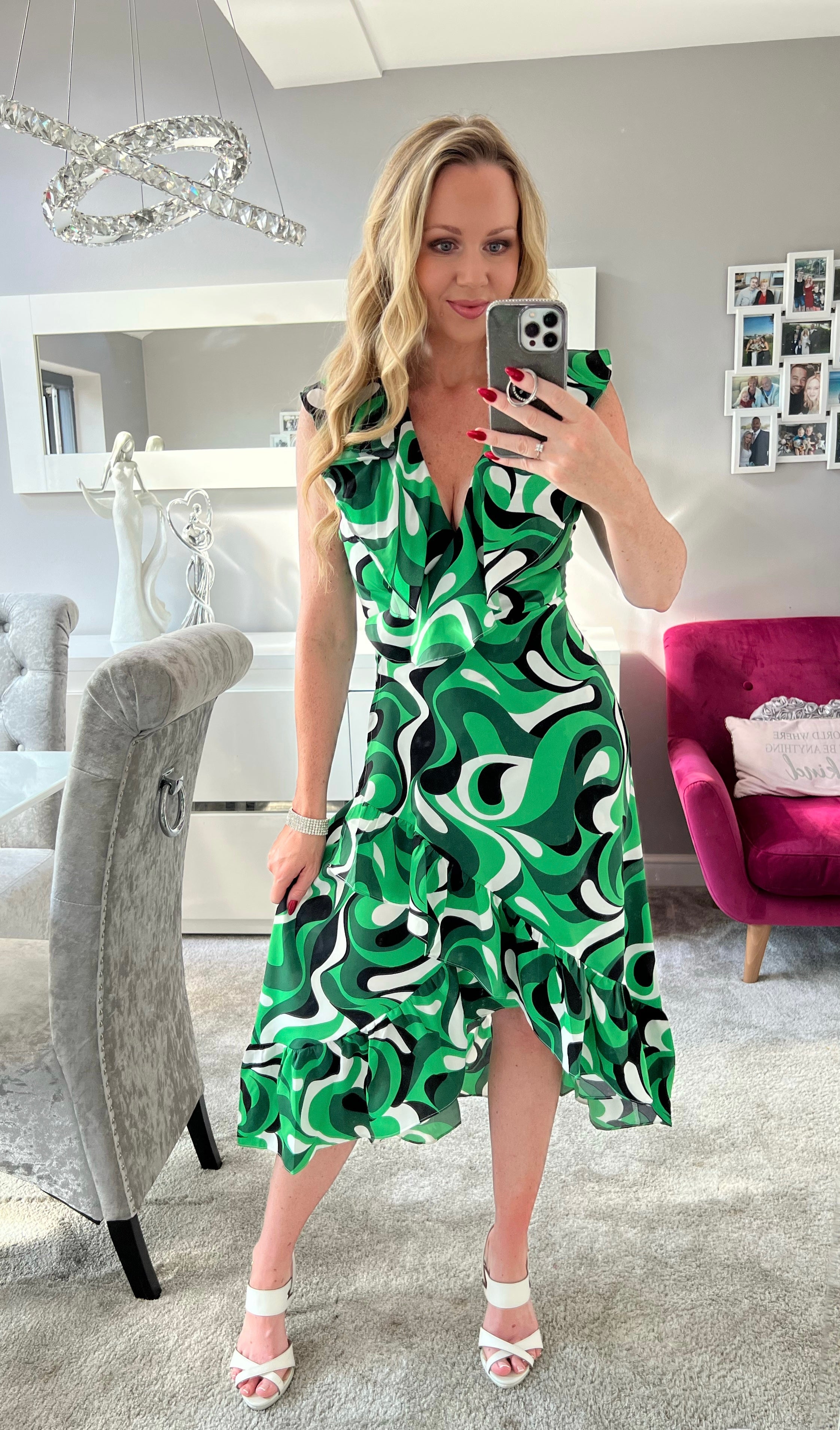 Obsession Green Retro Swirl Print Wrap Dip Hem Midi Dress