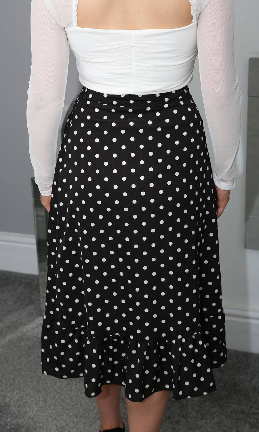 Polly Black Polka Dot Frill Wrap High Waist Midi Skirt – LittleMadam