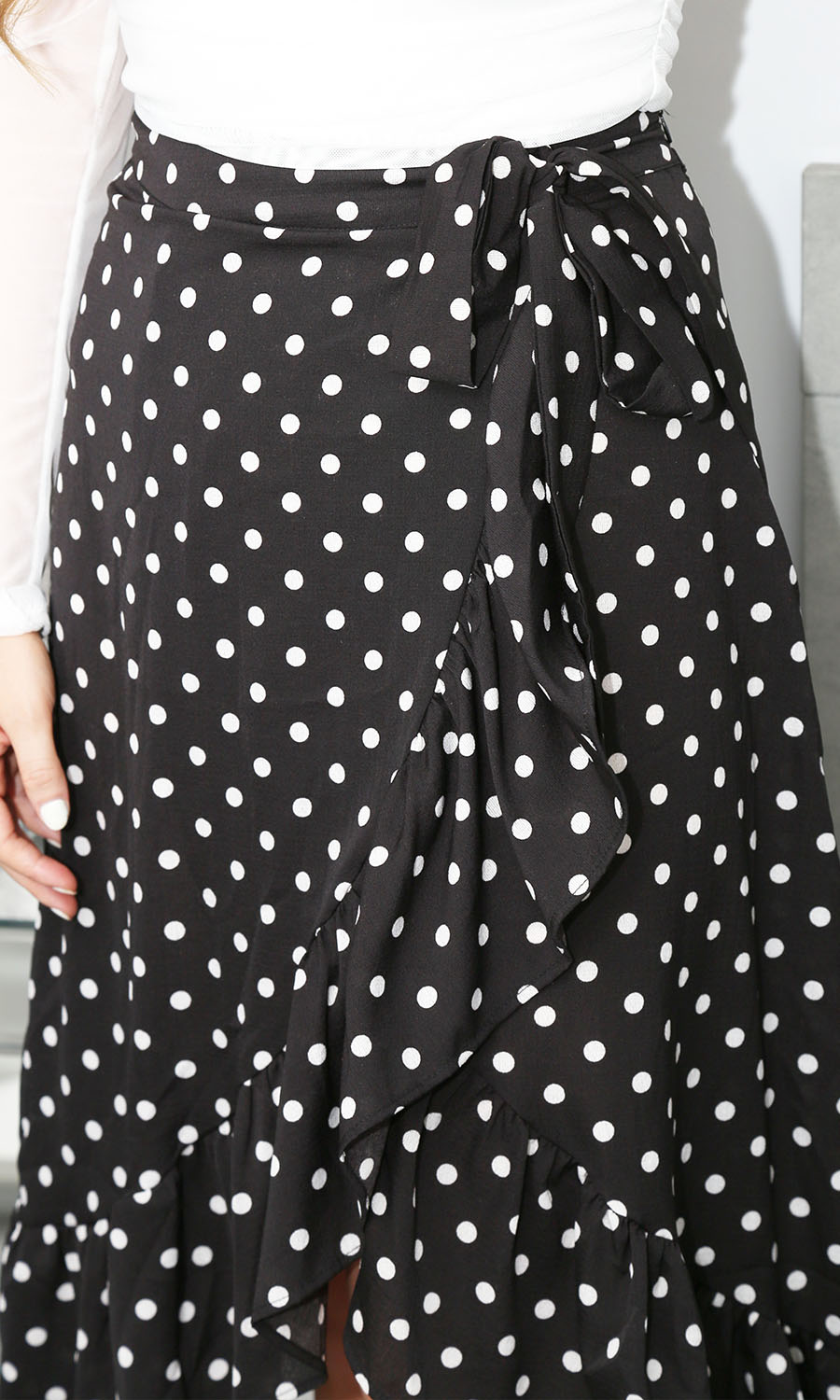 Polly Black Polka Dot Frill Wrap High Waist Midi Skirt