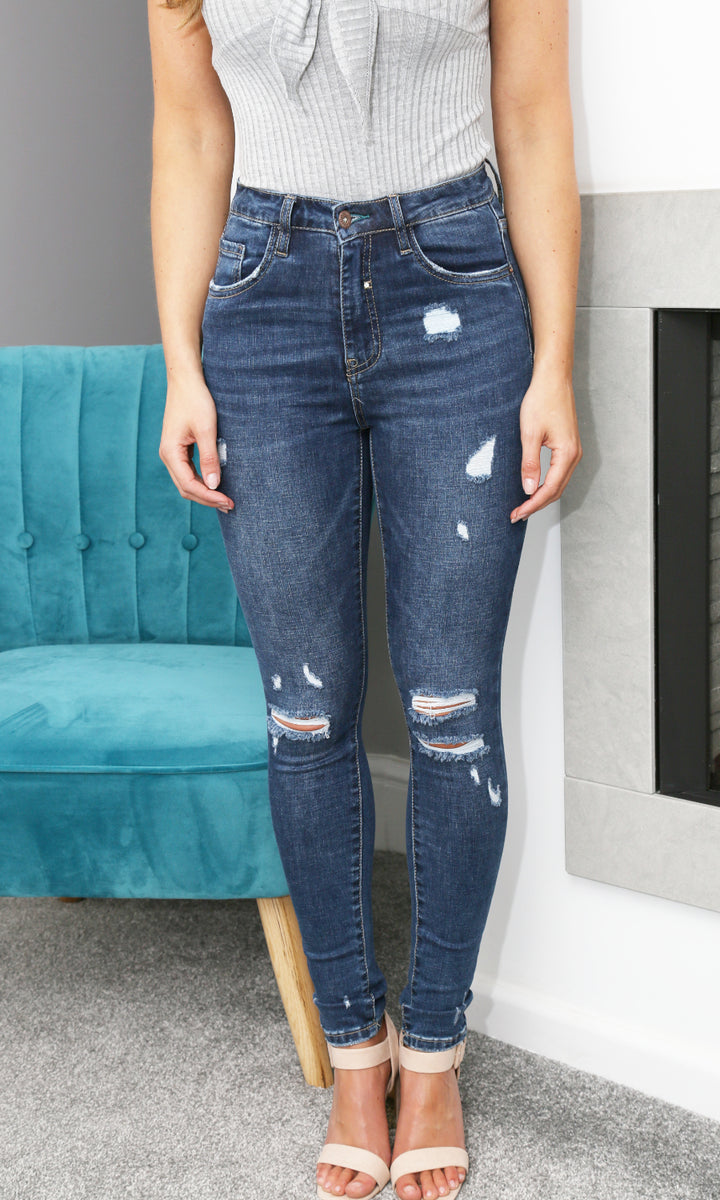 Queen Of Hearts Dark Blue Ripped Skinny Jeans