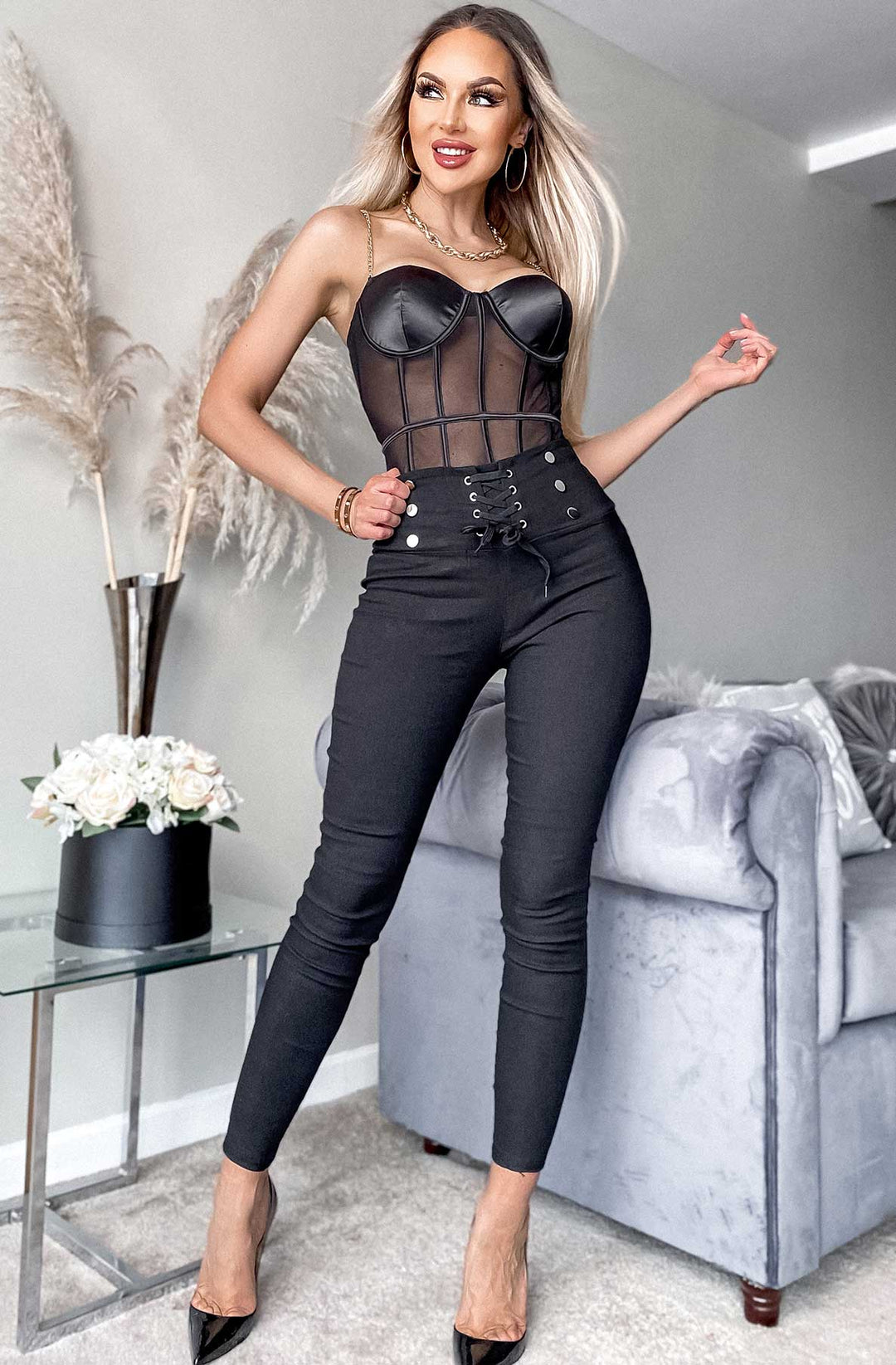 Angelica Corset Lace Up High Waisted Black Trousers