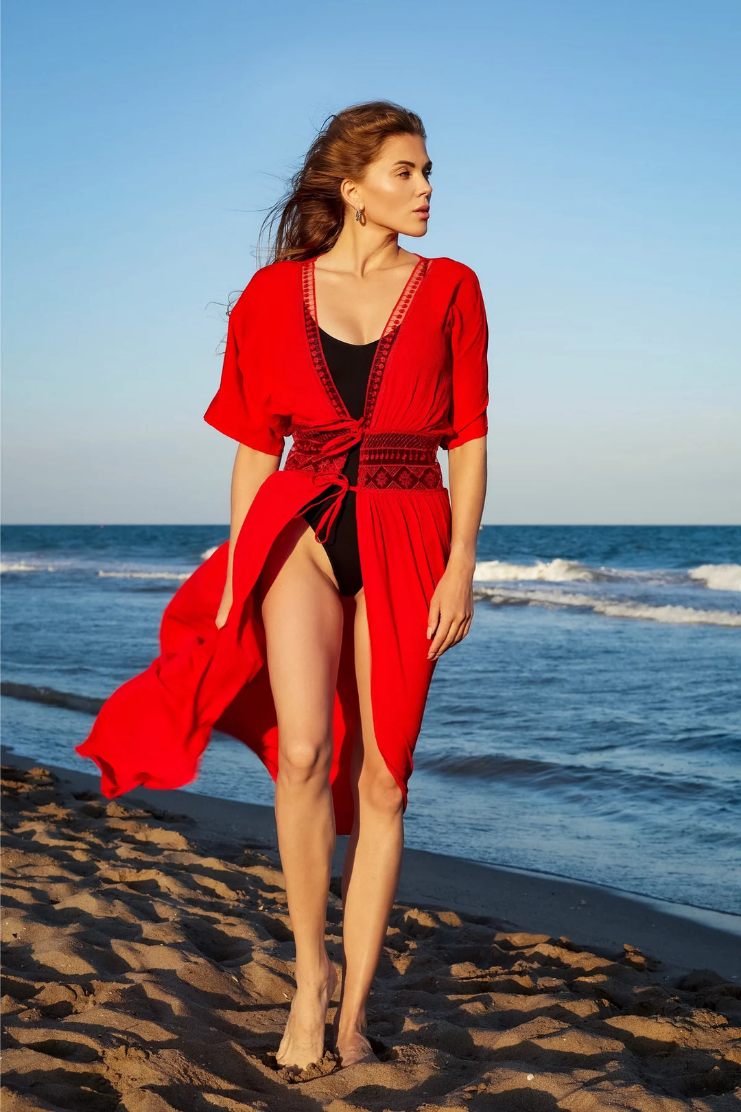 Sandy Lane Red Maxi Tie Up Beach Kaftan