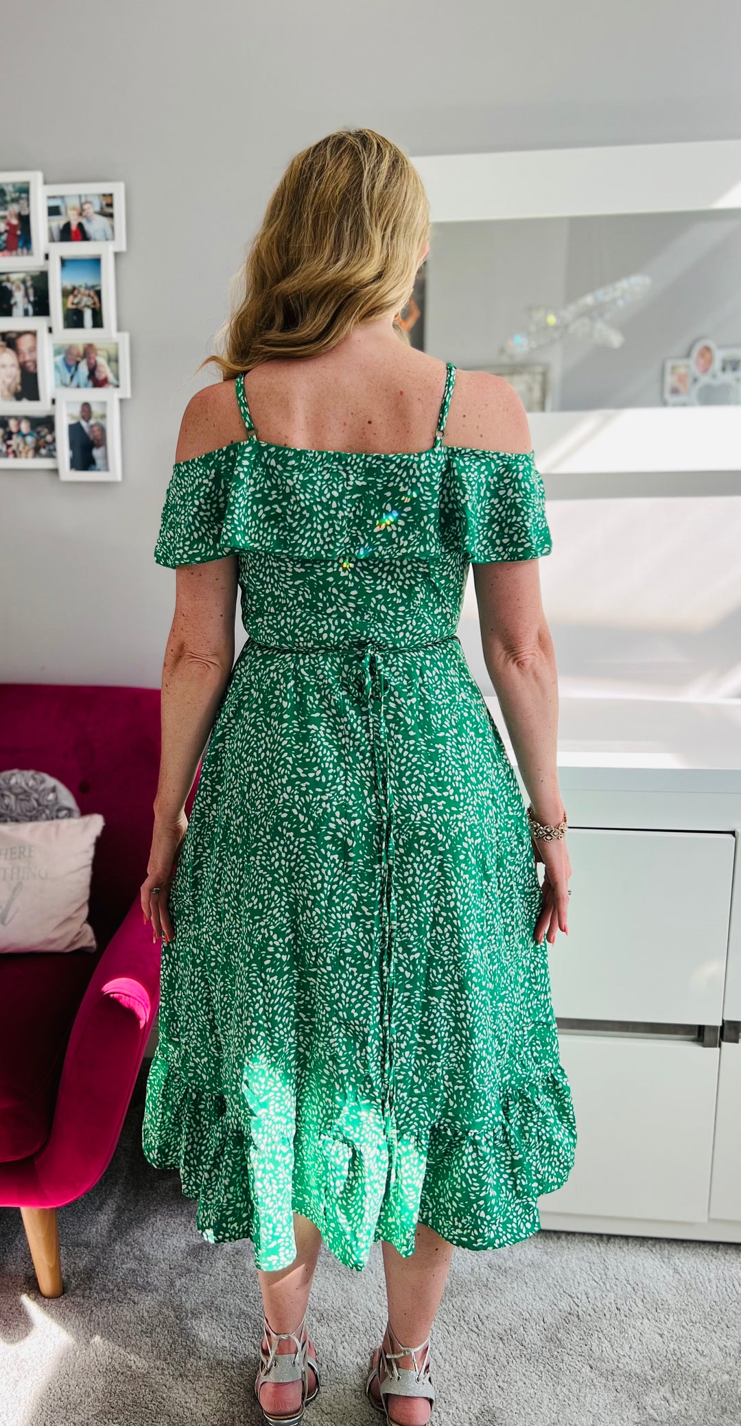 Seren Green Ditsy Print Wrap Cami Cold Shoulder Midi Dress