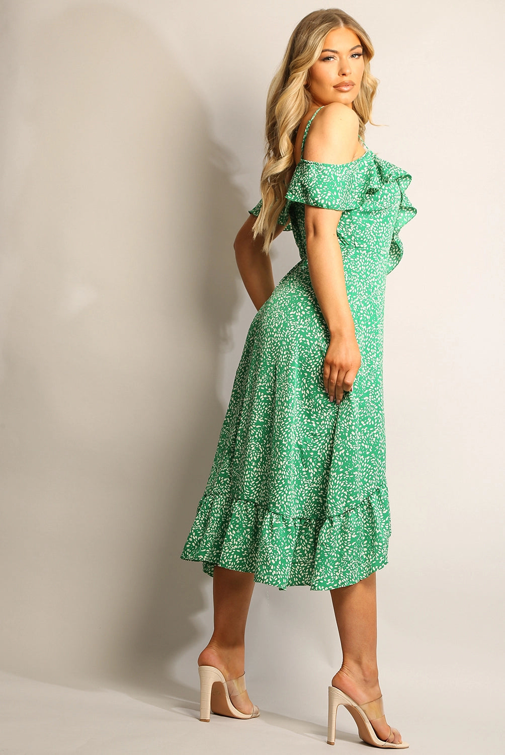 Seren Green Ditsy Print Wrap Cami Cold Shoulder Midi Dress