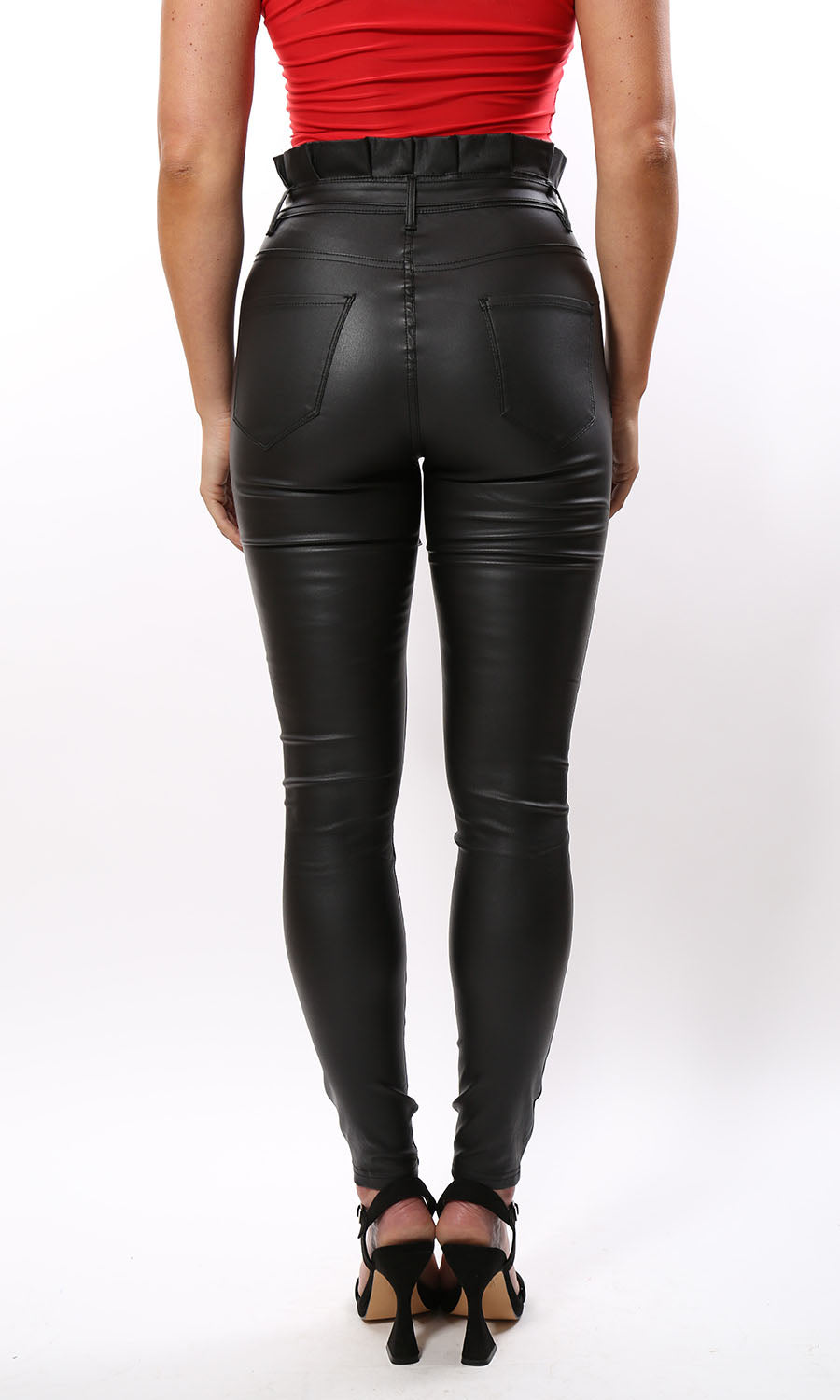 Black High Waist Stretch Faux Leather paper bag trousers 