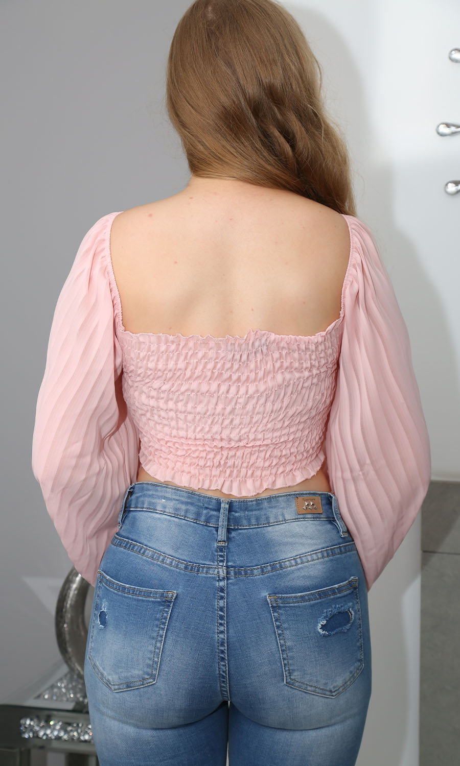 Summer Lovin Baby Pink Sheer Sleeve Tie Up Shirred Crop Top