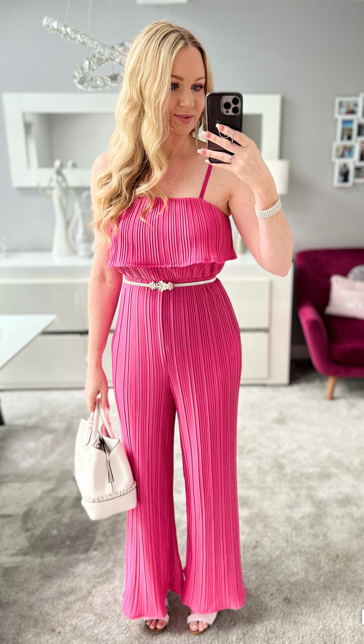 Sweet Nothings Hot Pink Pleated Wide Leg Flared Jumpsuit - Belt Not included
