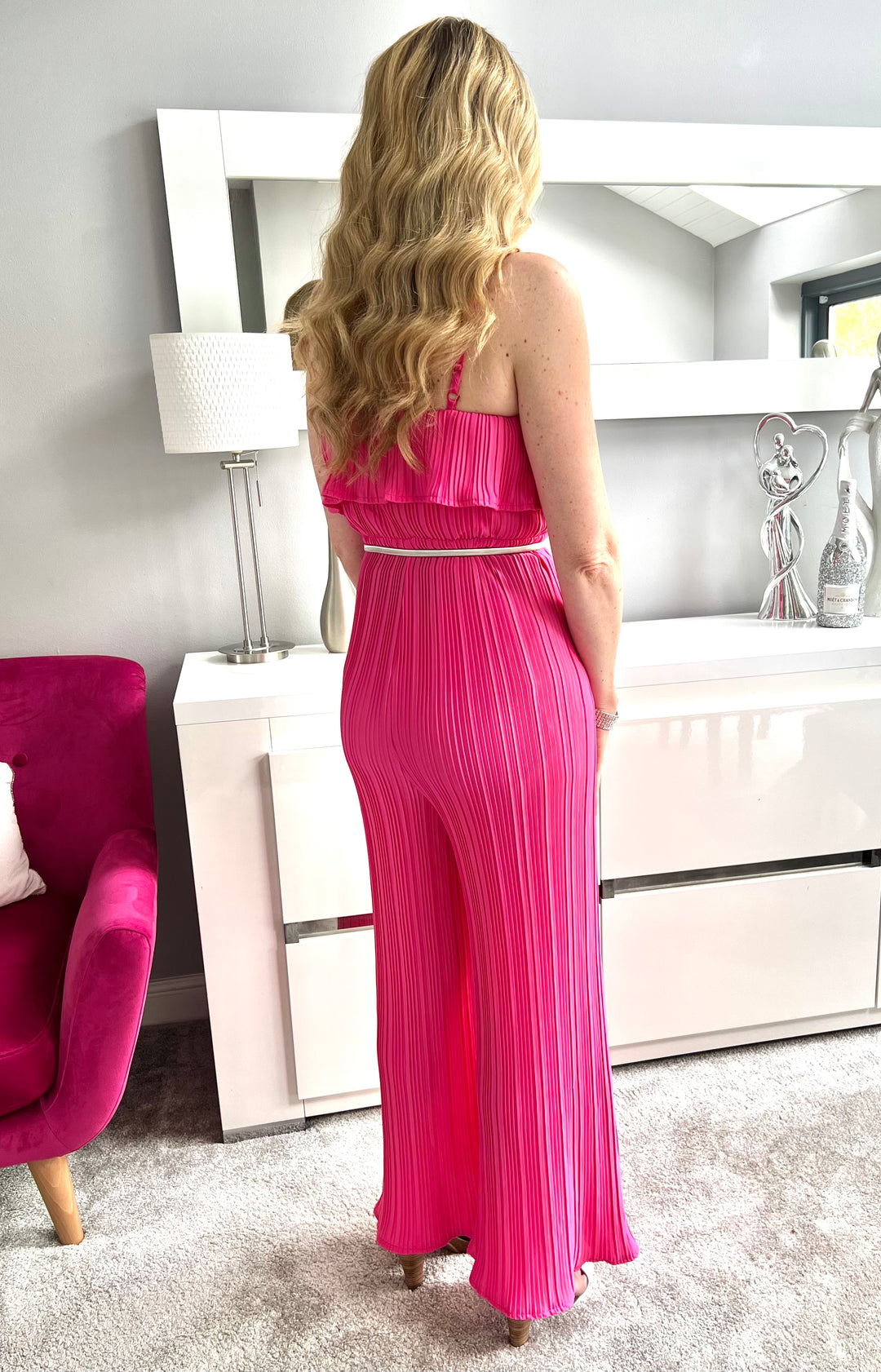Sweet Nothings Hot Pink Plisse Pleated Wide Leg Flared Jumpsuit - Belt Not included