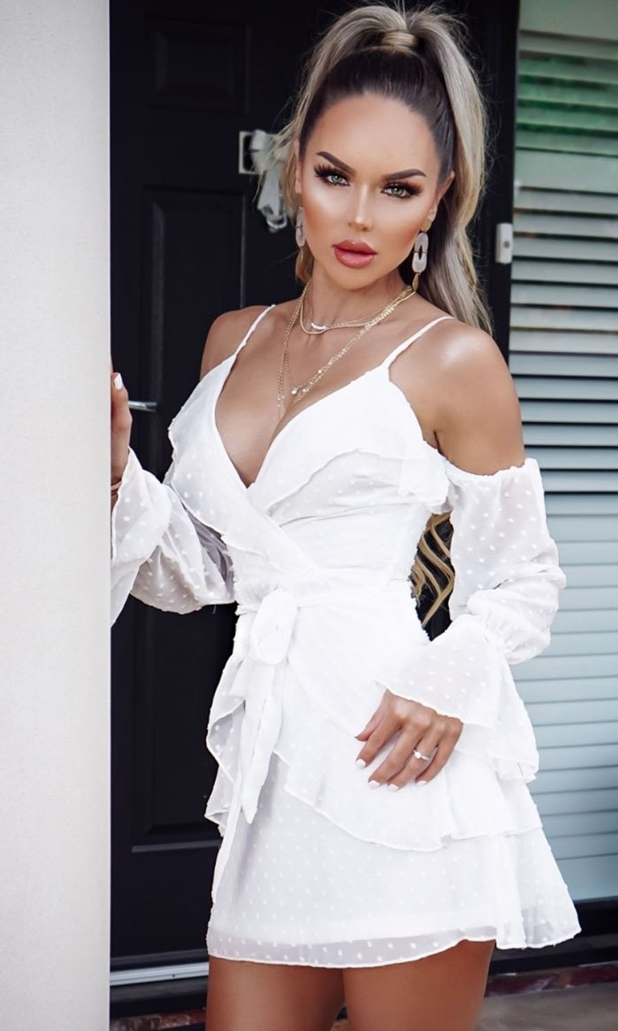 Sweet One White Cold Shoulder Mini Dress with Tie Belt