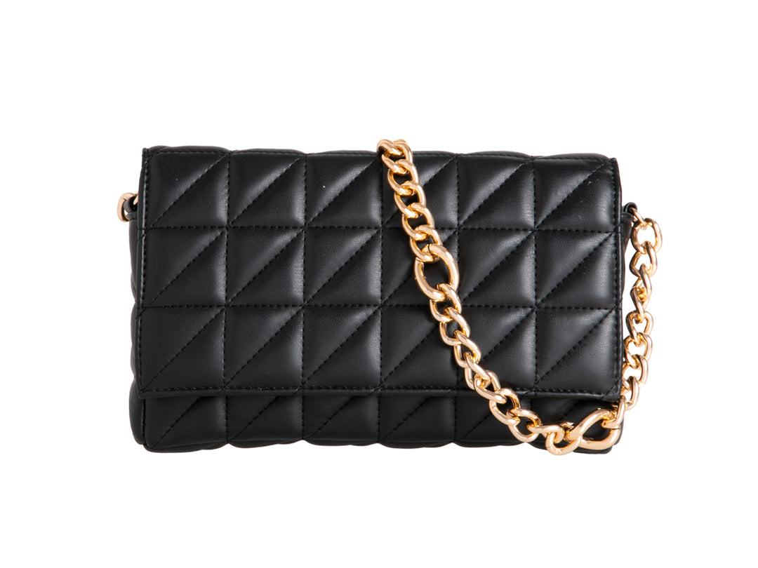 Black Quilted Faux Leather Gold Chain Cross Body Shoulder Clutch Bag