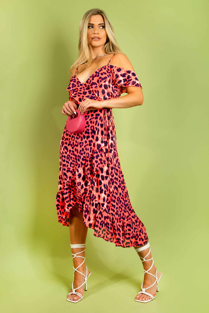 Wild Side Neon Fuchsia Leopard Print Cold Shoulder Wrap Midi Dress