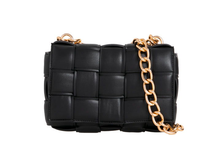 Black Quilted Woven Faux Leather Cross Body Shoulder Bag